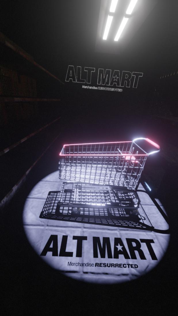 A shopping cart under a spotlight on the Alt Mart logo