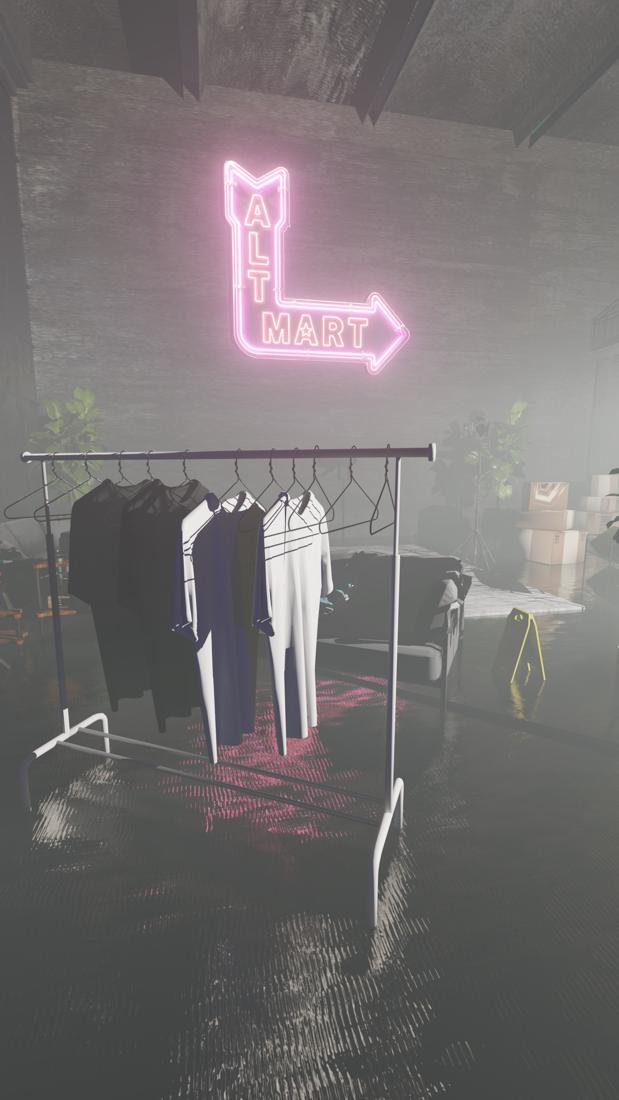 A rack of shirts in fog under a pink neon arrow