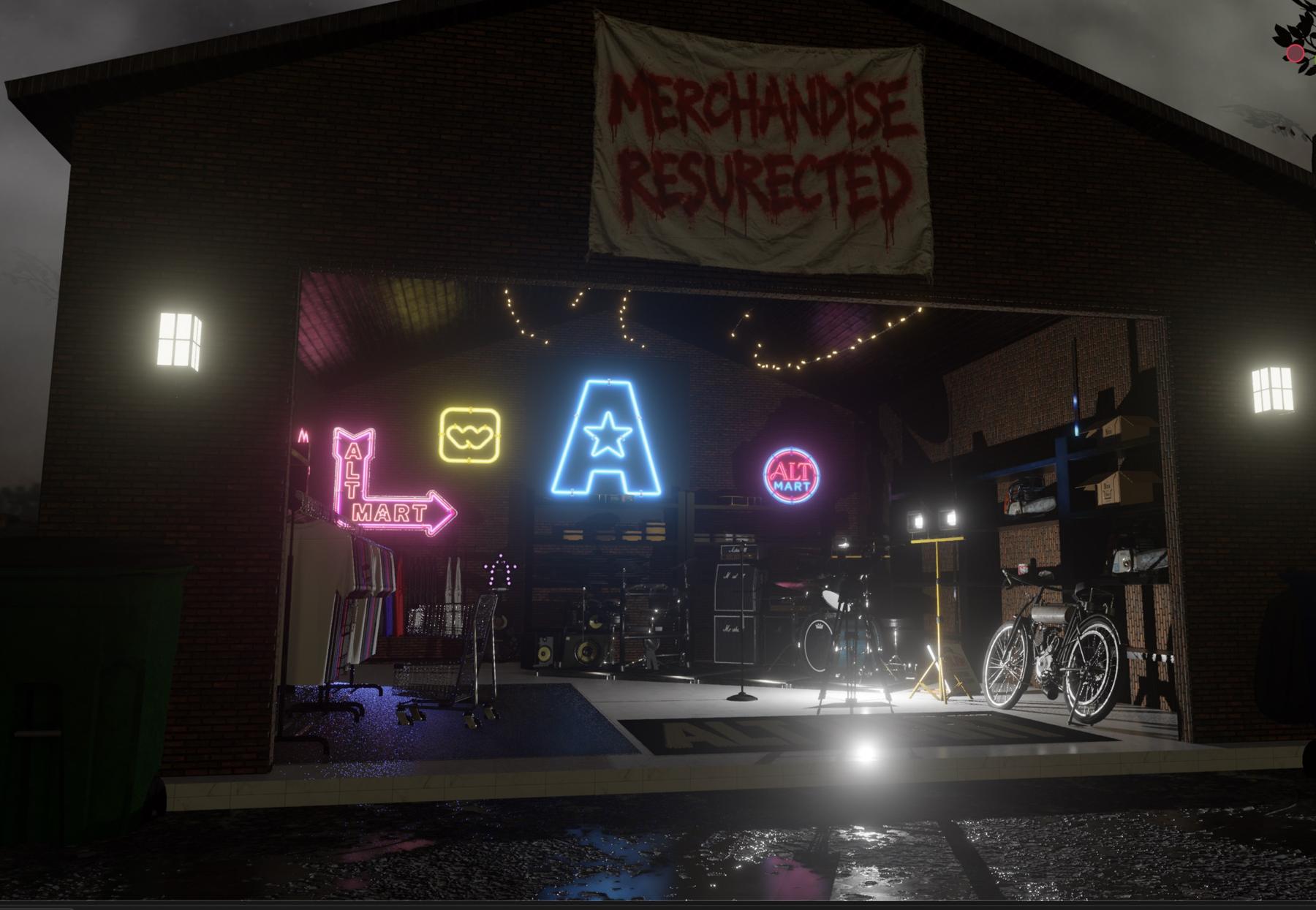 The Alt Mart garage door open at night, neon A and arrow signs over racks of merch