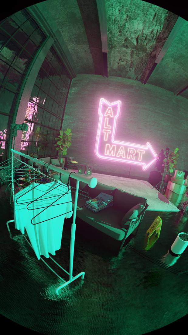 Green-lit clothing rack under the neon Alt Mart arrow