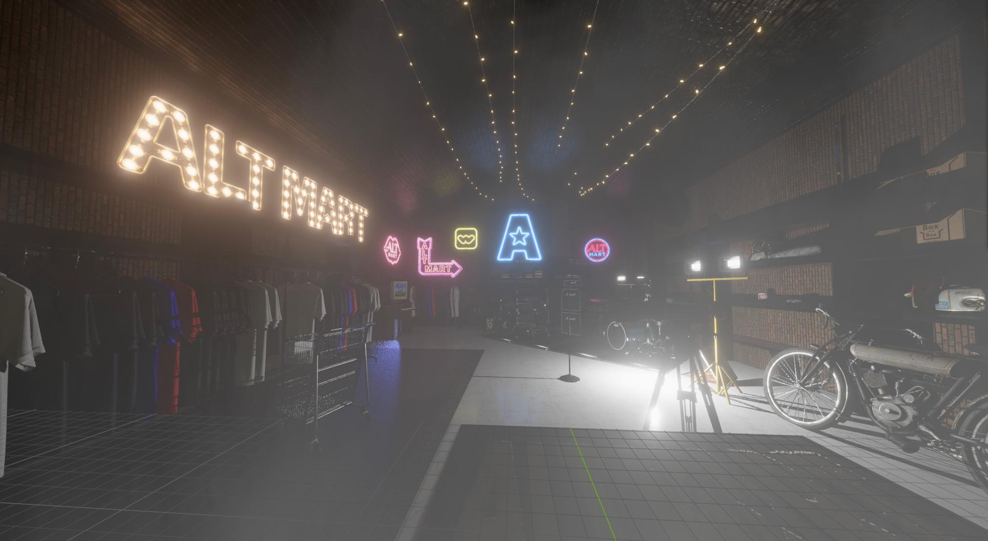 Inside the Alt Mart store: racks of band shirts under a marquee-bulb Alt Mart sign