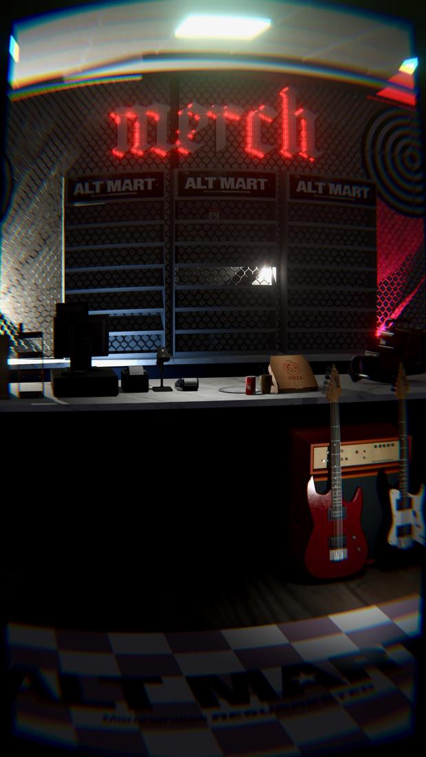 Red neon merch sign over a wall of shirts and guitars