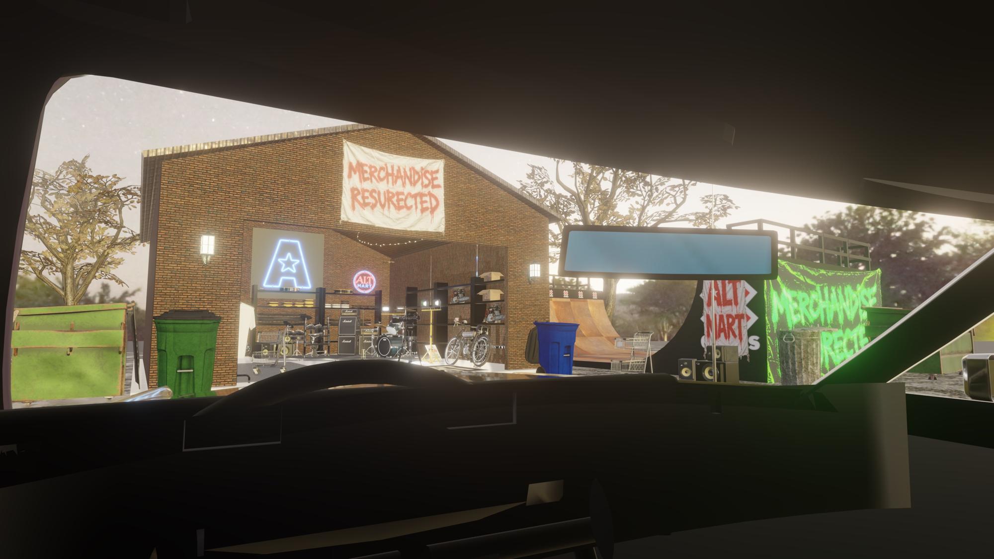 Pulling up to the Alt Mart store, seen through a car windshield